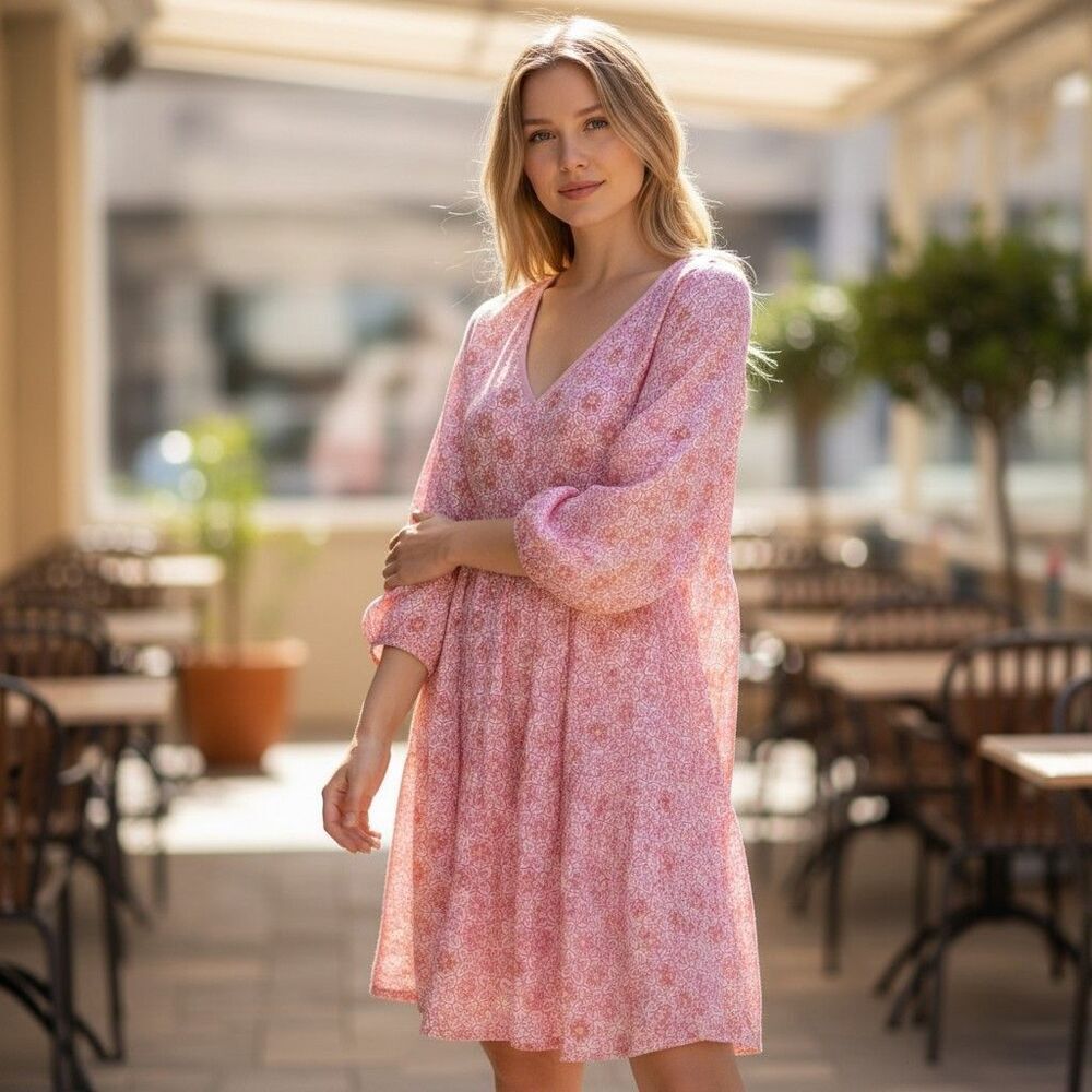 Monsoon and Beyond Dress Small Pink Floral Peasant Knee-Length V-Neck Handmade